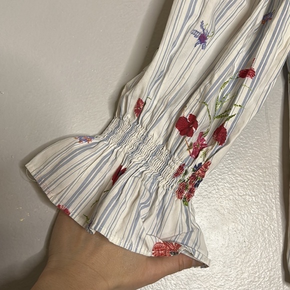 Zara women’s large garden floral stripe smocked romantic off the shoulder large - Picture 3 of 9
